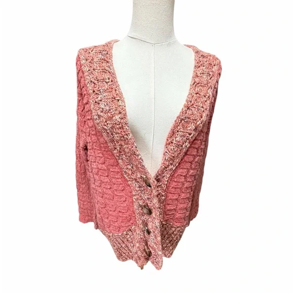 Free People Chunky Knit V Neck Button Front Dark Peach Cardigan Sz XS - Picture 1 of 10